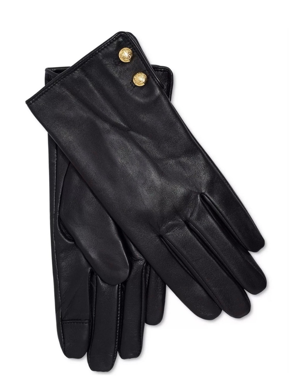 Ralph Lauren Black Leather Gloves with Gold Medallion Buttons